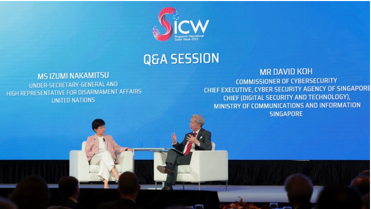 United Nation’s Izumi Nakamitsu engaging with Cyber Security Agency’s David Koh at the opening summit of SICW